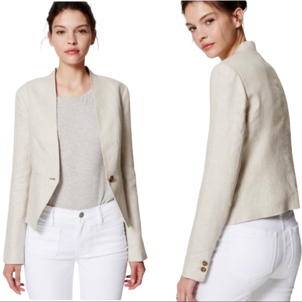 Ann Taylor LOFT single button collarless linen beige oatmeal women’s blazer